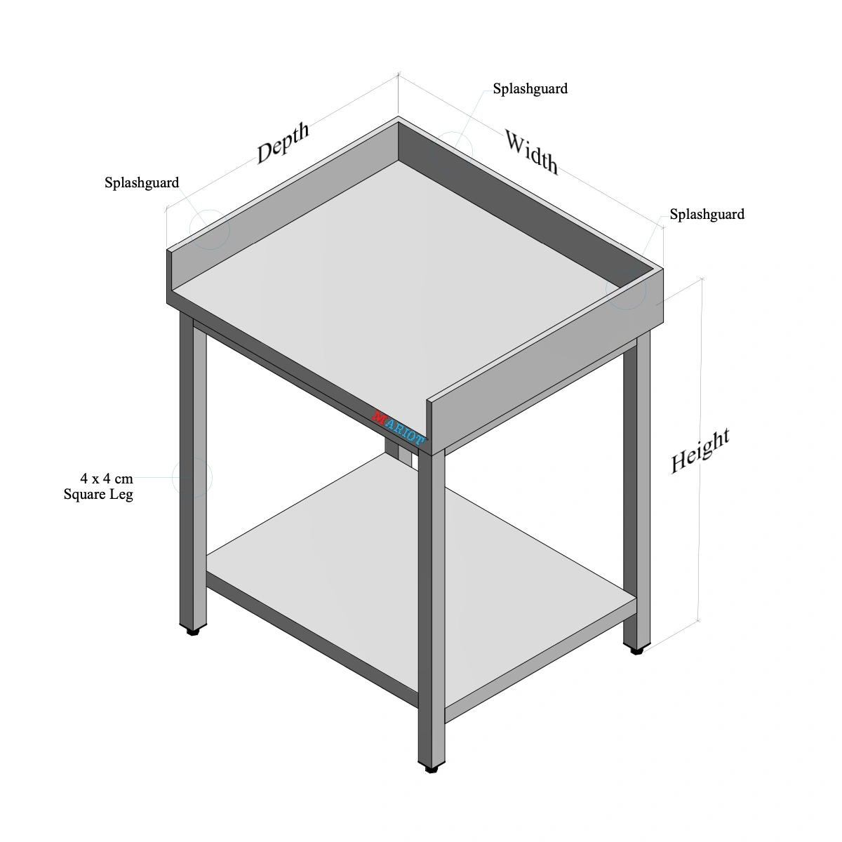 Stainless Steel Table with Backsplash, Left, Right Side Splash and Bottom Shelf custom