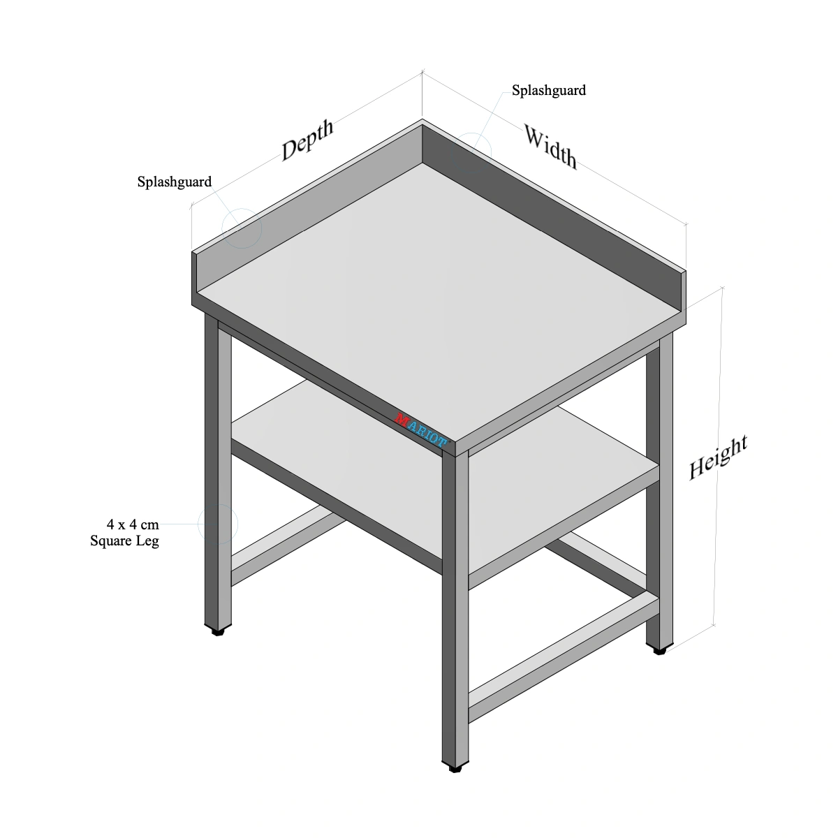 Stainless Steel Table with Backsplash, Left Side Splash, Middle Shelf and Open Base custom