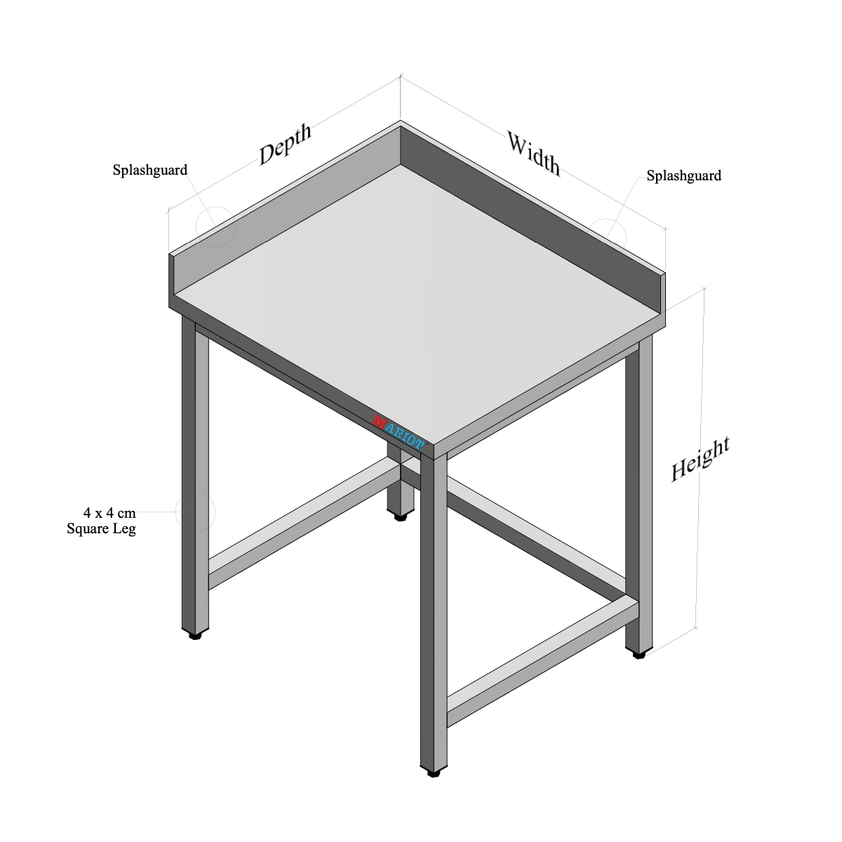 Stainless Steel Table with Rear, Left Side Splash and Open Base dimensions