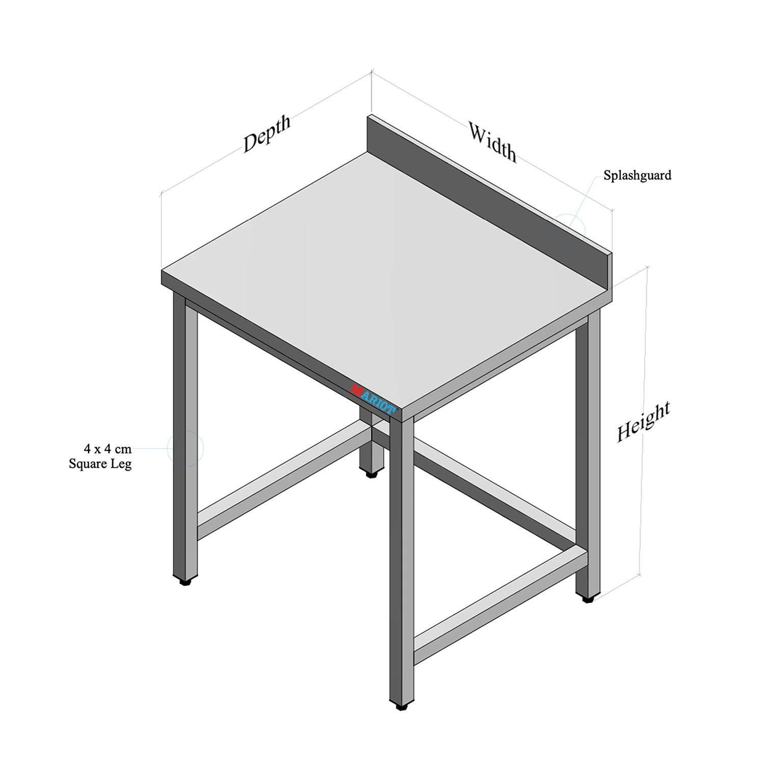 mariot kitchen equipment Stainless Steel Table with Backsplash and Open Base size