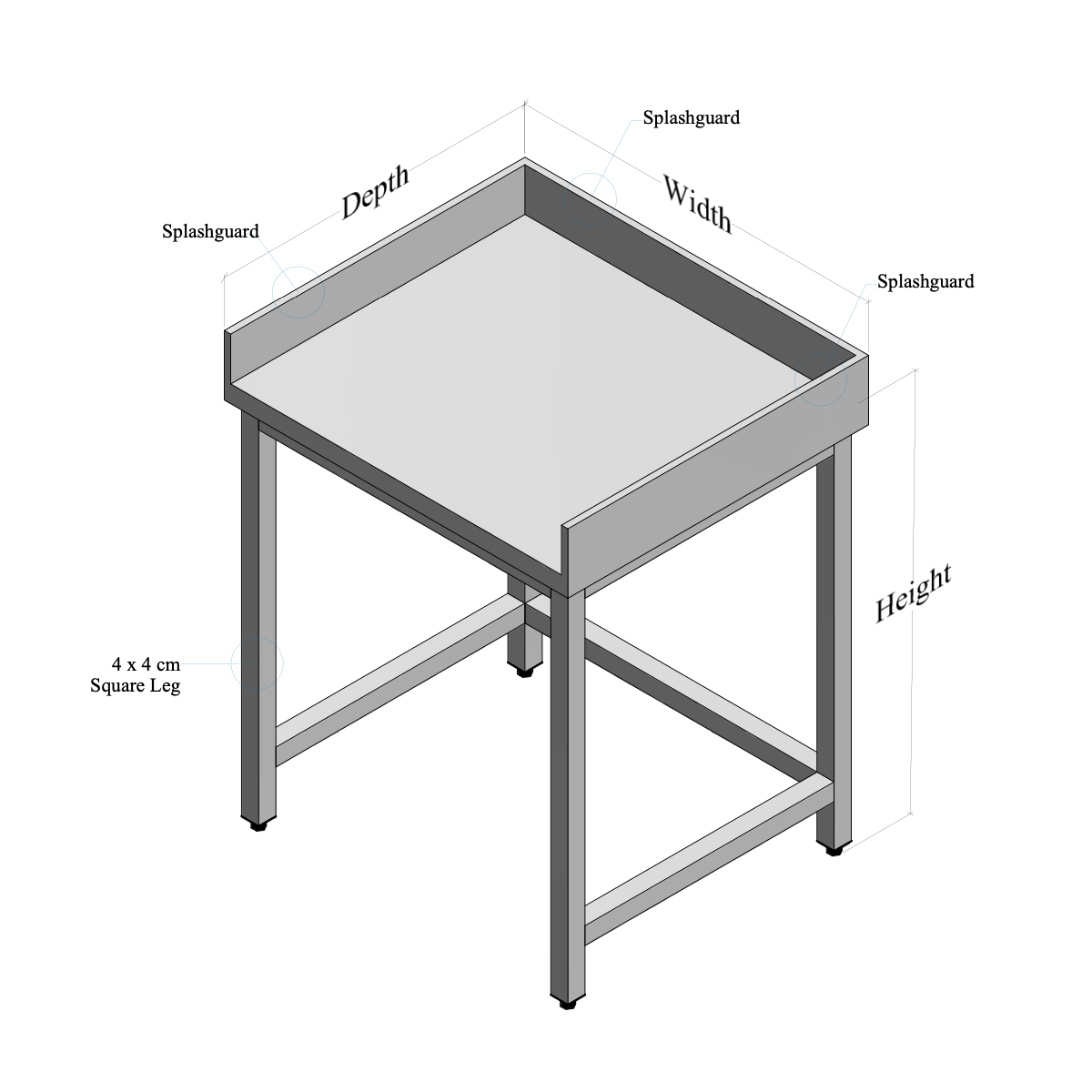 Worktables-sofia-4 Stainless Steel Table with Rear, Right, Left Side Splash and Open Base