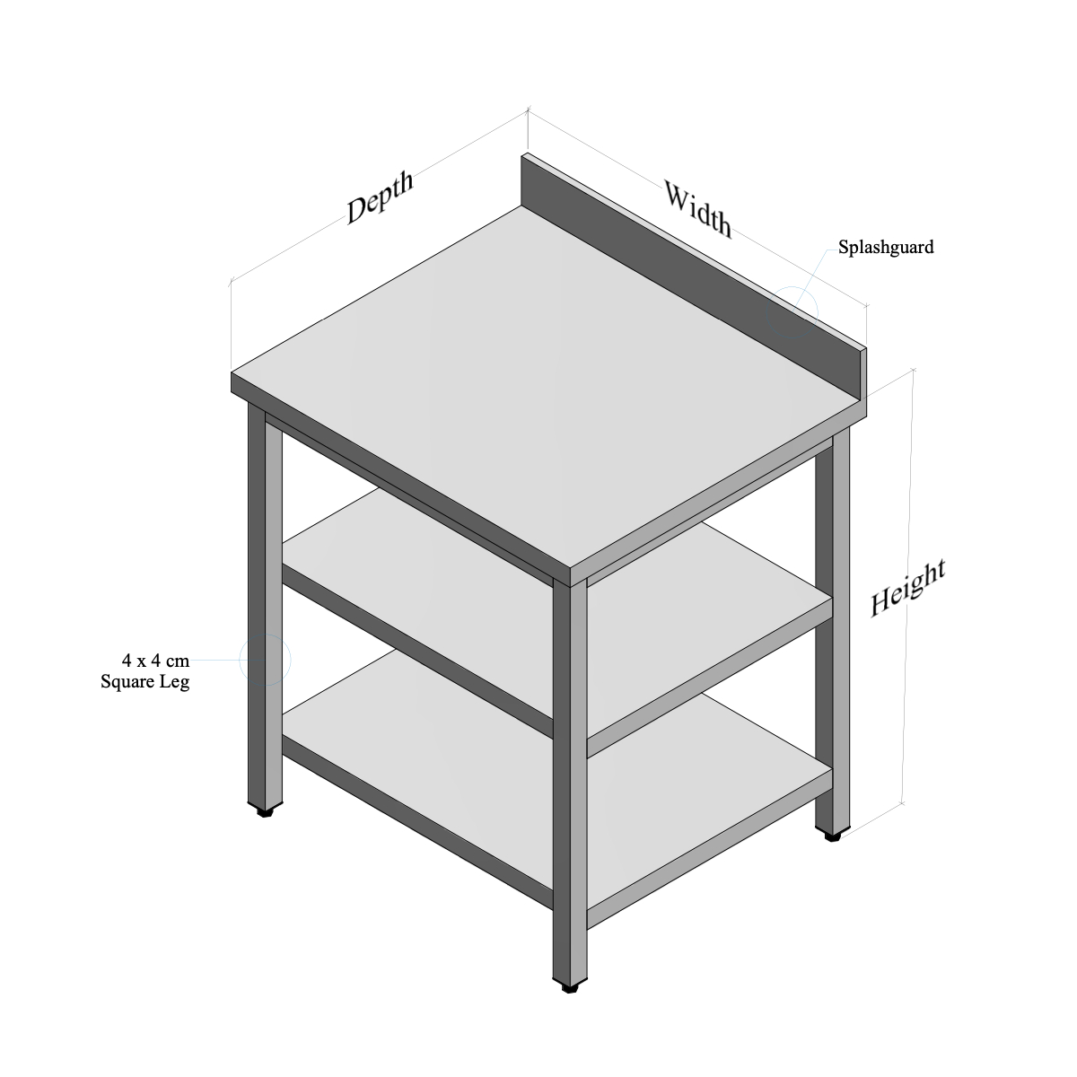 Stainless Steel Table with Backsplash, Middle and Bottom Shelf
